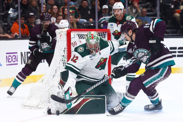 Minnesota Wild goaltender Filip Gustavsson (32) makes a save against Anaheim Ducks right wing Troy Terry (19) during the second period of a game at Honda Center in Anaheim, Calif., on March 19, 2024.